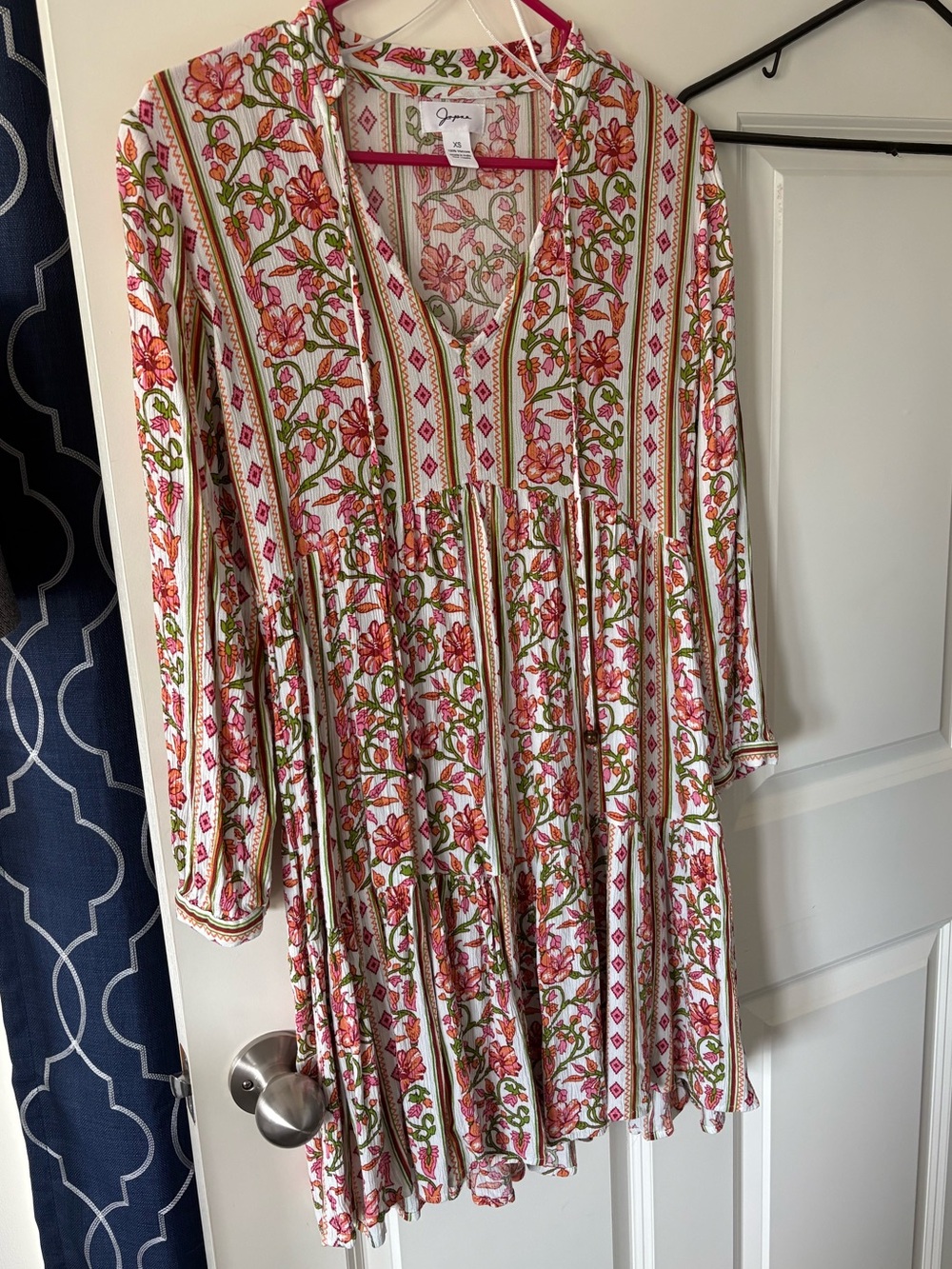 Japna Floral Tiered Long-Sleeve Dress in Pink and Cream with Green Accents